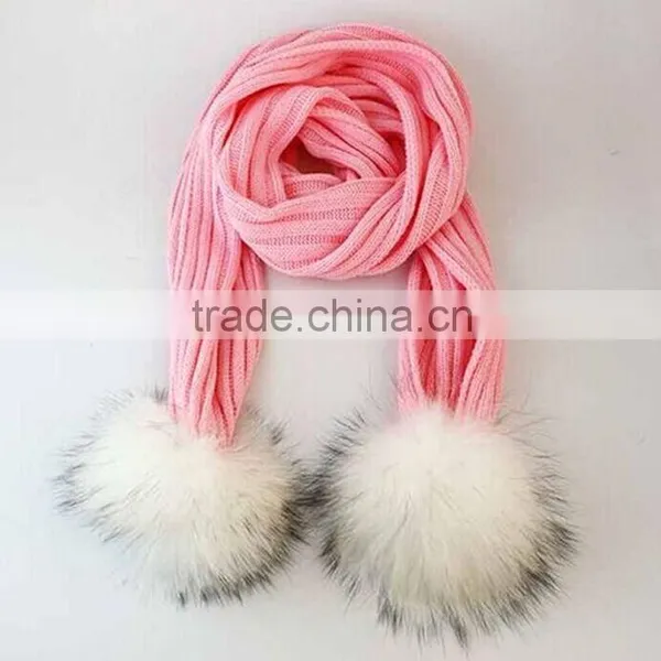 Wholesale Fashion Series Winter Knitting Striped Shawl Colorful Woolen Genuine Fur Pom Pom Scarf