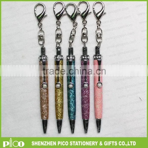 Popular Leather Desgin Glitter Pen Diamond Crystal Key Ring Ball Pen Office Stationery Gift Pen