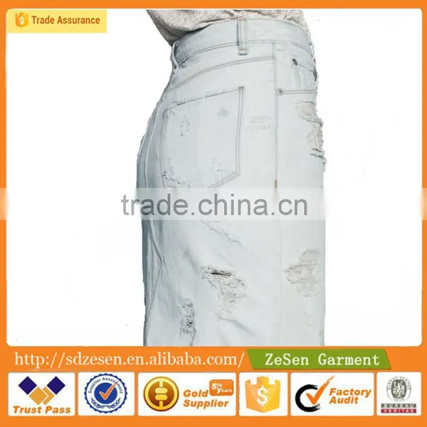 100% Cotton Wholesale Destroyed Zip Fly Straight Hem Summer Maxi Jeans Skirt For Lady photo-4