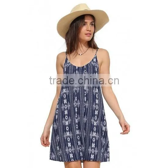 Girls Cami Ethnic Print Spaghetti Straps Linen Backless Loose Short Casual Dress