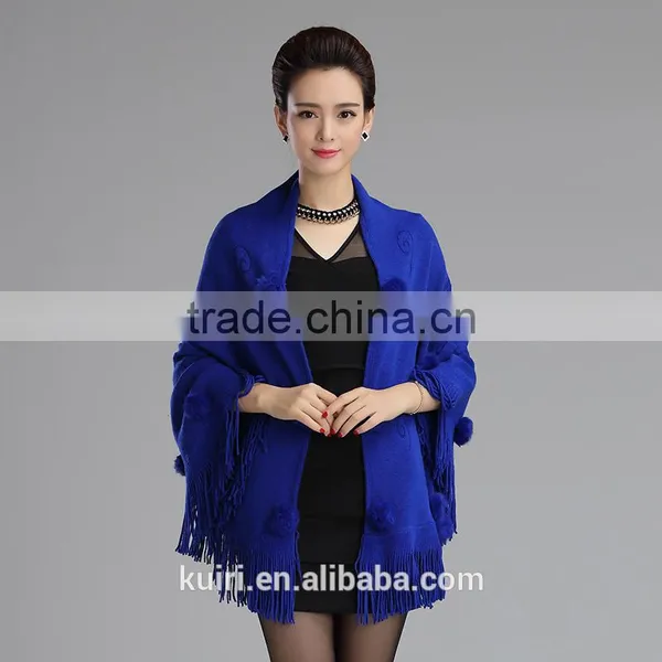High Quality Beige Female Cashmere Shawl Rabbit Fur Pashmina Triangle Scarf Tassels Wrap photo-5
