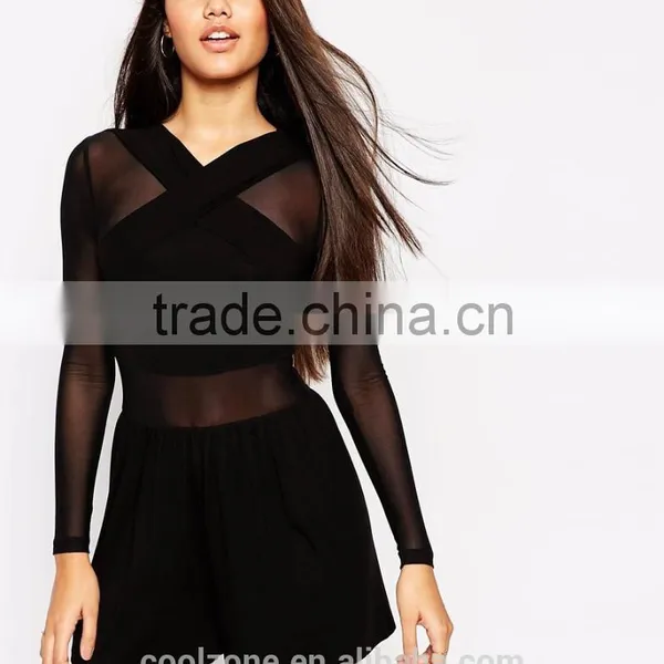 Sexy Cross Front Mesh Insert Jersey Romper Fashion Adult Romper Pattern photo-2