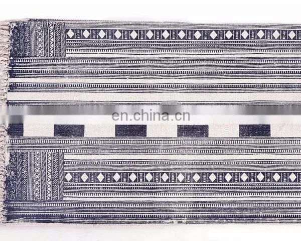 Indian Beautiful Rugs 4 X 6 Ft Blue White Cotton Block Print Accent Area Dhurrie Rug Flat Weave Hand photo-3
