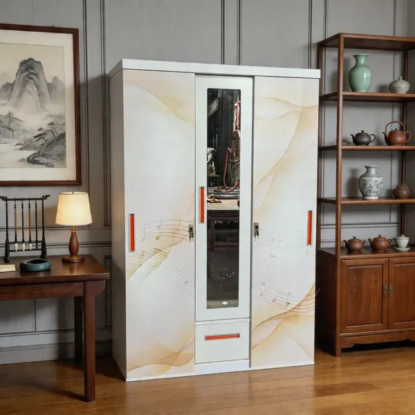  Knock‑down Pattern Printed Steel Wardrobe 3‑Door 4‑Door With Mirror & Drawers Clothes Storage Cabinet Custom Colors For Export