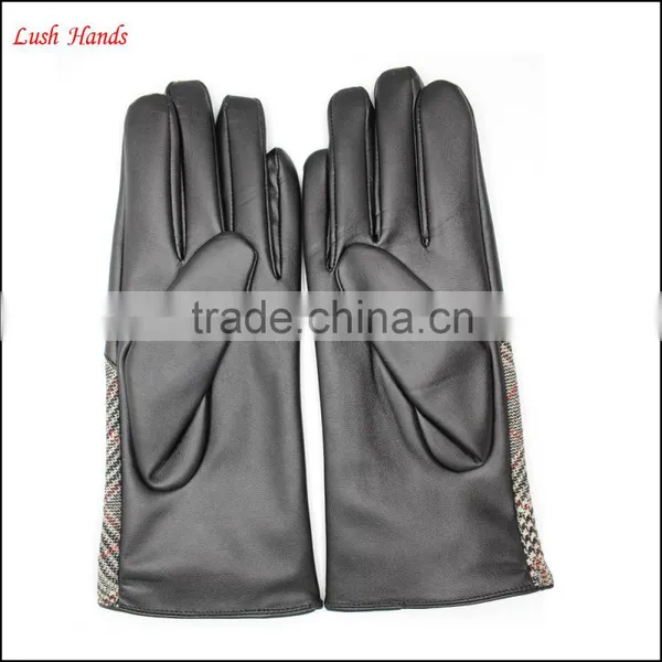 Ladies High-quality Black Leather Gloves With Checked Cloth Handback photo-4