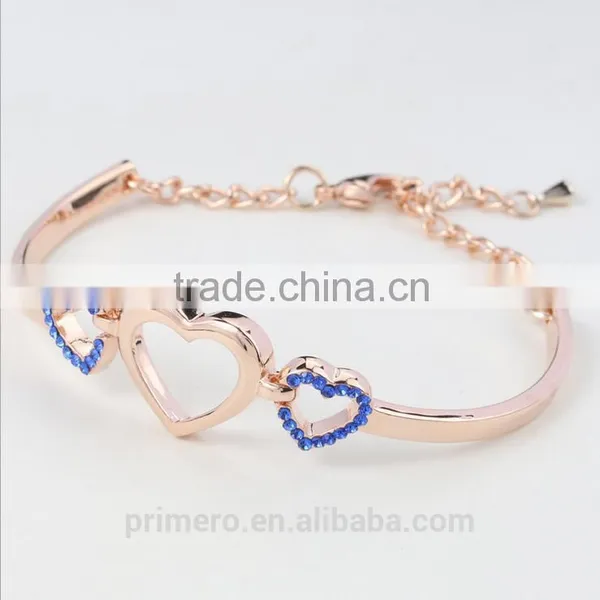 Fashion 18k Rose Gold Plated Three Heart Clear Austrian Crystal Bracelets & Bangles photo-6