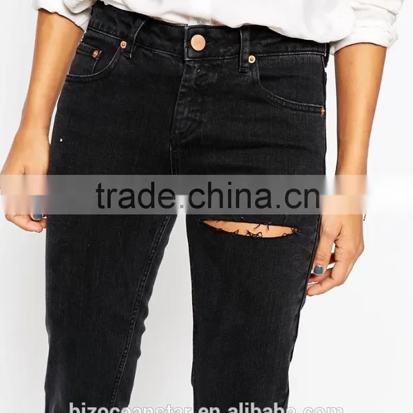 Wholesale Womens Shrunken Boyfriend Jeans in Washed Black With Thigh Rip photo-2