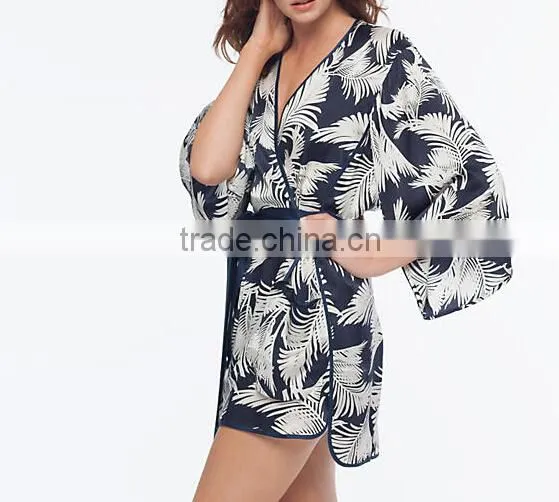 Cheap Custom Sexy Woman Short 100% Pure Printed Silk Charmeuse Night Sleeping Kimono Robe With Side Pockets photo-2