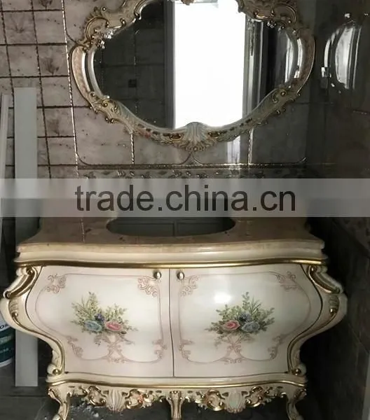 Elegant Floral Painting Bathroom Vanity With Double Sink, Carved Wooden Sanitary Ware Furniture Bathroom Cabinet With Marble Top photo-4