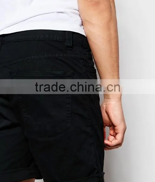 2016 Hot Sale Latest Custom Five Pockets Men's Black Slim Fit 98% Cotton 2% Elastane Stretch Denim Zip Fly Casual Shorts photo-3