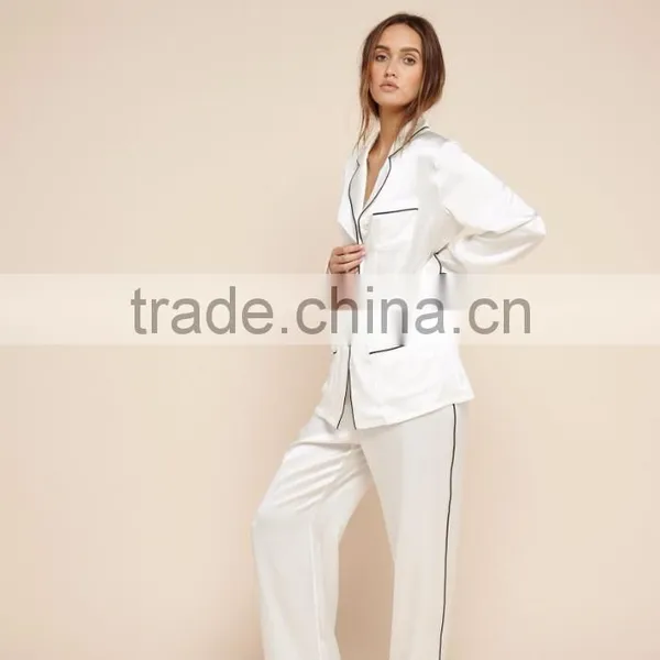 Fashion Suraa Embroidered Pyjama Piping Pocket Long Sleeve Silk Pajamas Set For Women Sleepwear With High Quality photo-6