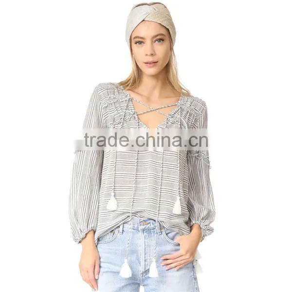 2017 OEM Femme Striped Gauze Tassel Girdle Holiday Blouses photo-6