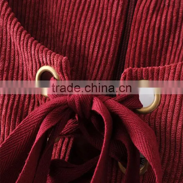 A-Line Dark Red Lace up Round Collar Sleeveless Mini Corduroy Dress photo-3
