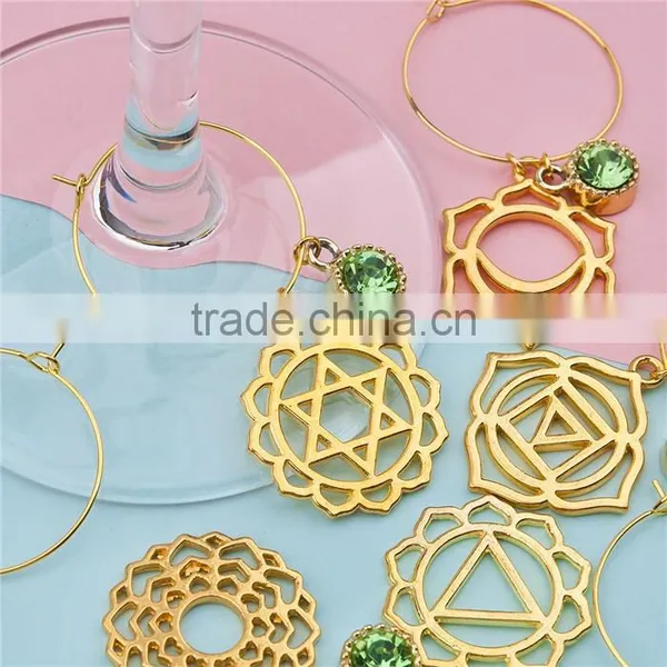 Yoga Healing Hoop Earrings Gold Plated Round Flower Green Rhinestone Wine Glass Marker Charms photo-3