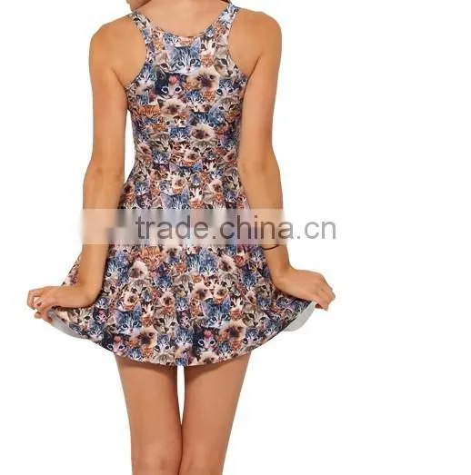 Womens 3D Digital Printed Floral Galaxy Super Cat Pleated Dress photo-3
