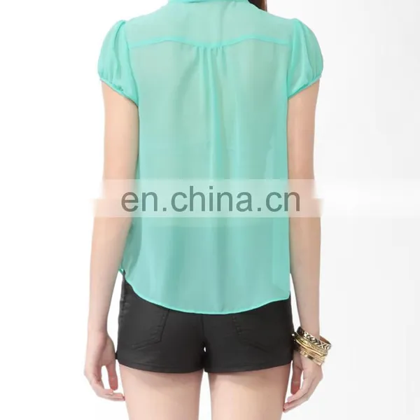 CHEFON Ruffled Stand up Collar Short Sleeve Pictures of Fashion Blouse Design photo-3