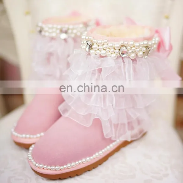 Aidocrystal Women Pink Big Size Models Shoes Sweet Bling Pearls Net Yarn Ankle Boots With Bowknot for Girls photo-5
