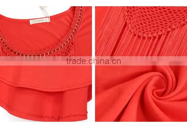 Casual Lady Women Garment Short Sleeves Tassel Neck Tops photo-6