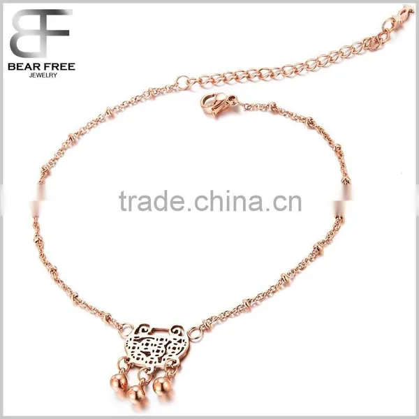 Rose Gold Link Chain Women Anklet Three Bells Precious Lock Pendant Foot Chain Bracelet