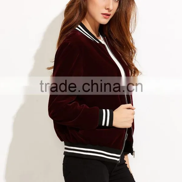 Jacket Women Winter Burgundy Stand Collar Bomber Jacket Slim Fit Velvet Blazer With Striped Trim Detail photo-4