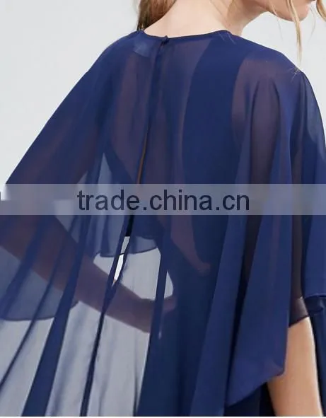 OEM Service Supply Type And Evening / Formal Dresses Type Elegant Evening Dress/ Navy Chiffon Dip Back Cape Mini Dress photo-5