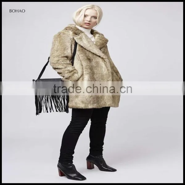 Brown Mid Length Faux Fur Coat With Oversized Collar Heavy Parka Jacket For Women photo-4