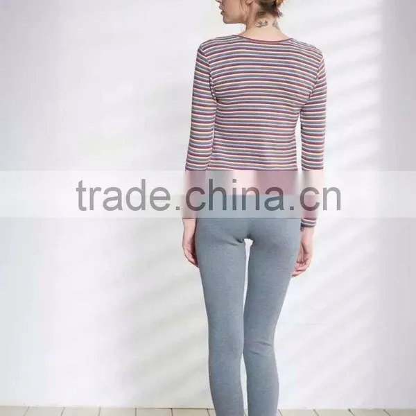 Sexy Women Thermal Underwear Striped Long Jogns Underwear Fashion Round Neck photo-3