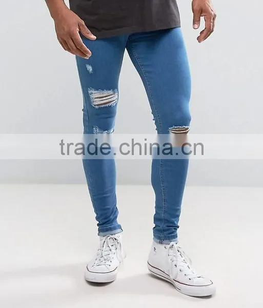 Wholesale Designer Denim Super Skinny Spray on Jeans Custom Men's Ripped Damaged Jeans Pants photo-2