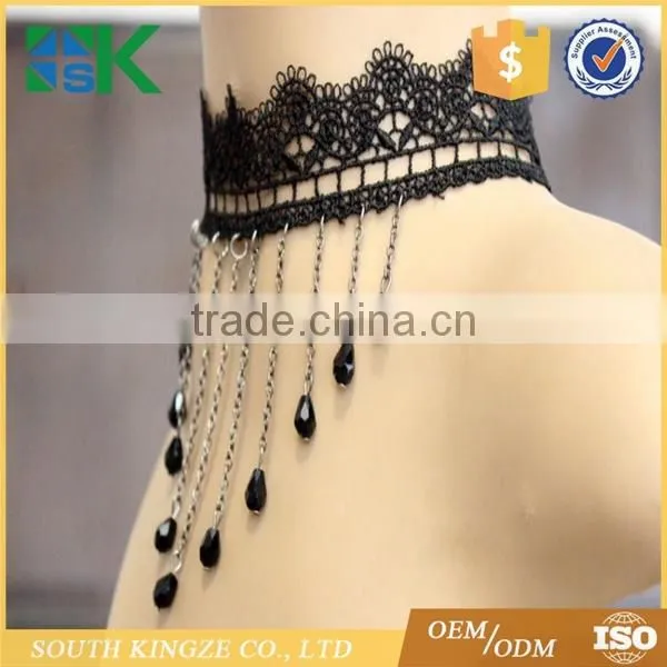 Modern Lace Black Crystal Water Drop Tassel Necklace Chain Small Court Dress Necklace Lace up Choker photo-3