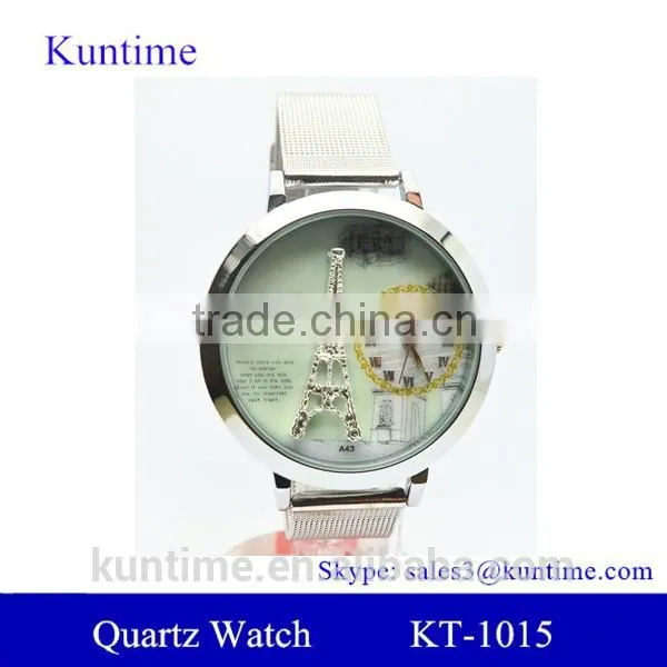 Crystal Eiffel Tower Quartz Watch With Metal Netting Strap