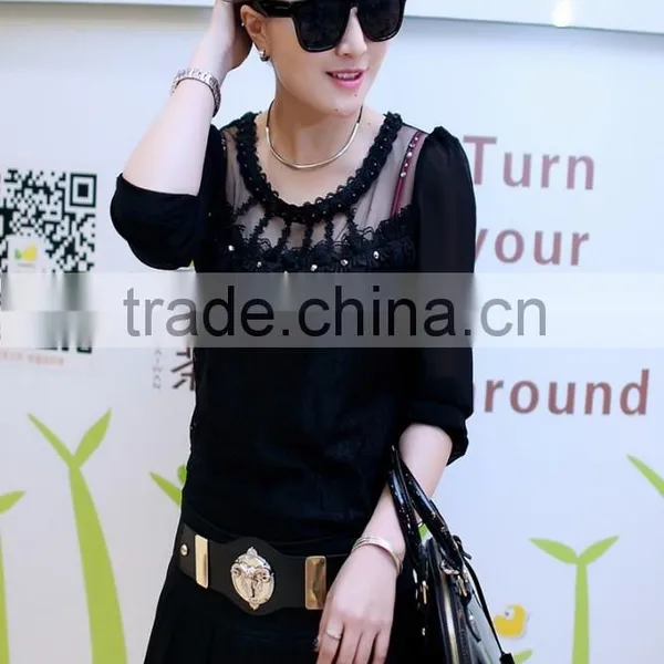 2015 Women's T-shirt With Long Sleeves Gauze Splicing Thin Render Unlined Upper Garment to Bigger Sizes Lace Hollow Out photo-6