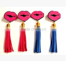 Blue Hot Pink PU Leather Tassel Lips Dangle Earrings 2016 New Arrival Brincos Longos For Women photo-2