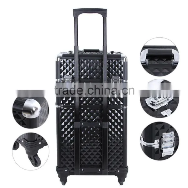 Aluminum Rolling Makeup Case 2 in 1 Cosmetic Artist Train Case Beauty Salon Organizer 4 Wheels Lift Handle photo-6