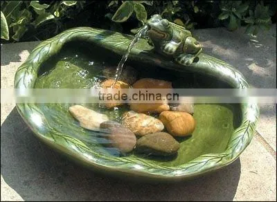 Solar Powered Ceramic Water Fountain. Green Glazed Ceramic Fountains