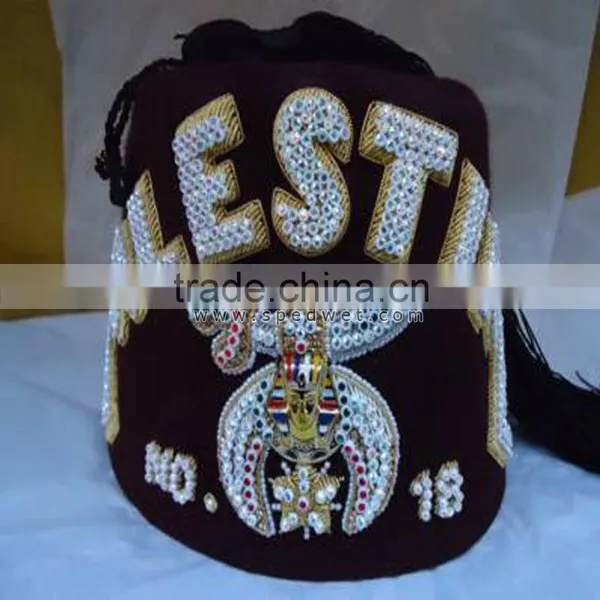 Bullion Fez | Rhinestones Embroidery Fez Hat | Hand Embroidery Bullion Wire Fez in Burgundy Color 3 Row photo-3