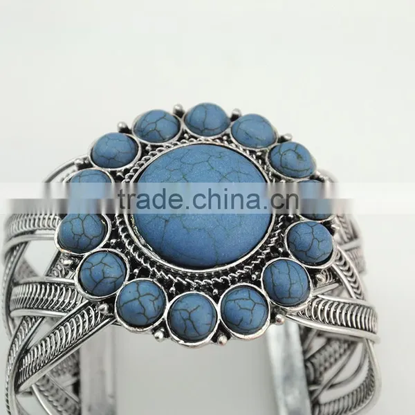 Latest Fancy Cross Design Jewelry Anti Silver Thread Turquoise Cuff Bangles photo-4