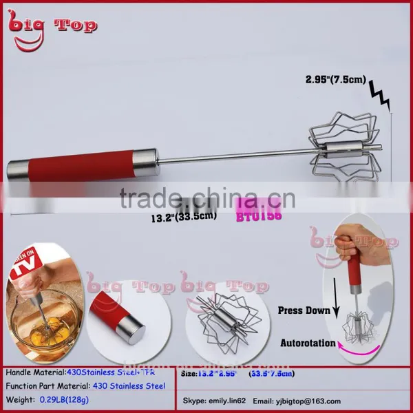 BT0156 14" Rotating Egg Beater With TPR Handle 14" Rotary Whisk With 430 Stainless Steel Function Part Hand Push Down Egg Beater