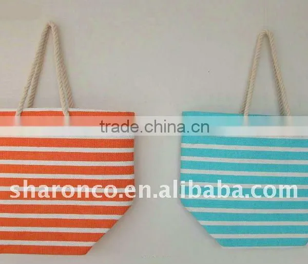 Candy Strip Paper Straw Fabric Beach Bag With Handle