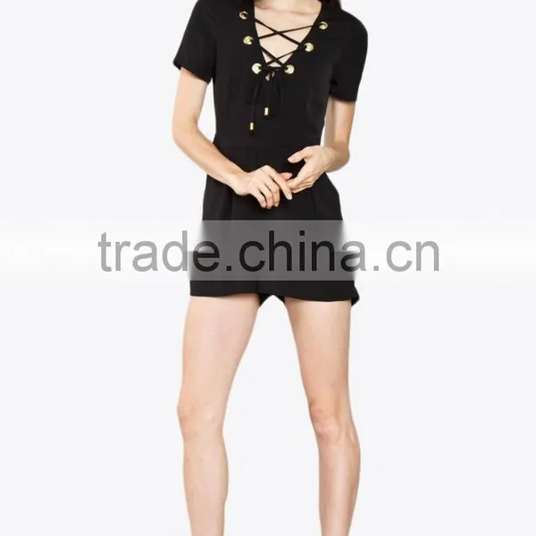 Made in China CUSTOM Wholesale Ladies Clothing Latest Design Fashion Women Black Short Sleeve Romper With Lace up Detail photo-4