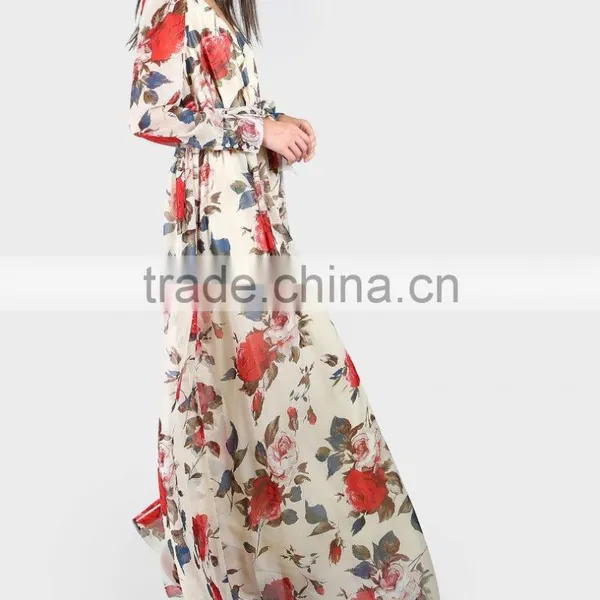 Women Clothing/women Dresses/Rose Print Cuffed Long Sleeve Belted Wrap Dress photo-3