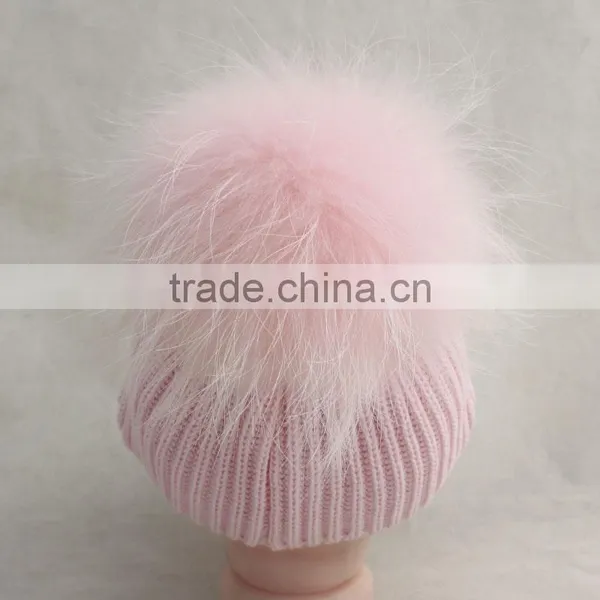 Myfur Baby Pink Raccoon Fur Pom Pom Knitting Hat With Raccoon Fur Bobble photo-2