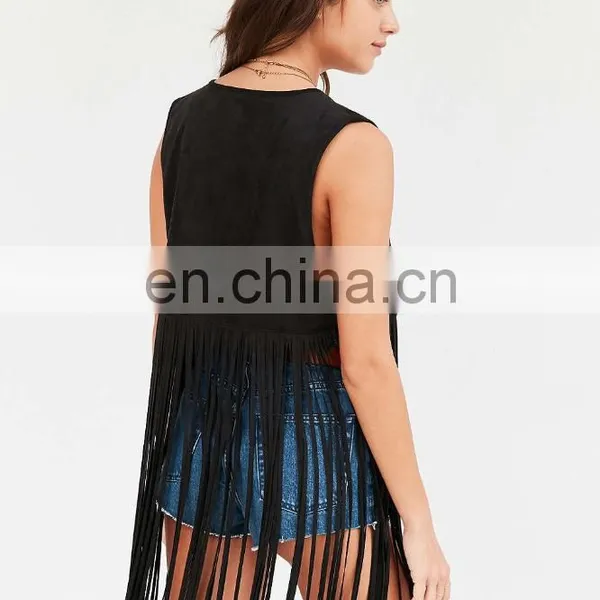 2016 New Design Fashion Woman Leather Chella Fringe Vests for Women, Black Color photo-3