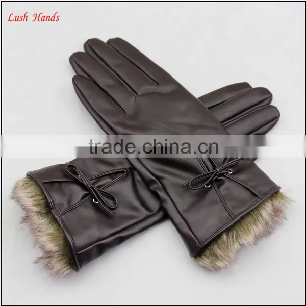 Ladies Brown pu Leather Hand Gloves With Fake Fur photo-5