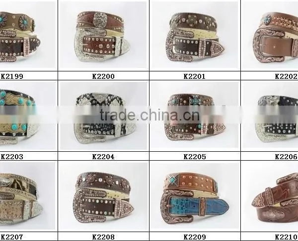 2015 New Design Western Rhinestone Leather Belt With Square Conshos With Crystals photo-2
