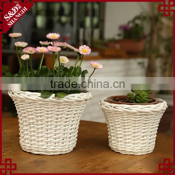 S&D Rattan Small White Round Plastic Flower Pots Light Ceramic Flower Pot Yard Decoration photo-3