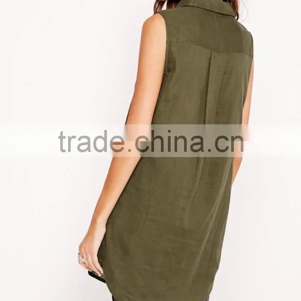 High Quality Elegant Women Khaki Sleeveless Soft Material Shirts photo-5