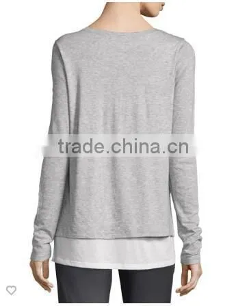 High Quality Double-Layer Long-Sleeve Tee/Pima Cotton Relaxed Style Top Layer Side Open Hemp t Shirt for Women photo-2