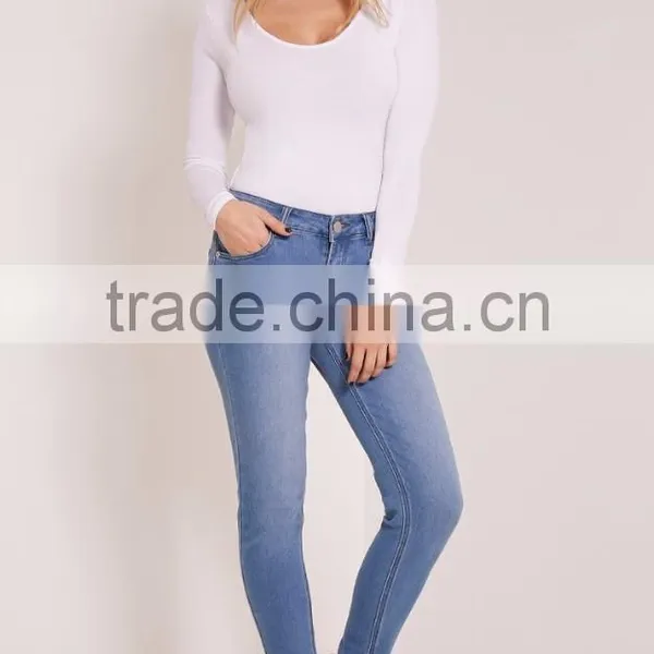 Sexy Tight Ladies Jumpsuit With High Leg Basic White Scoop Neck Thong Bodysuit Long Sleeve photo-3