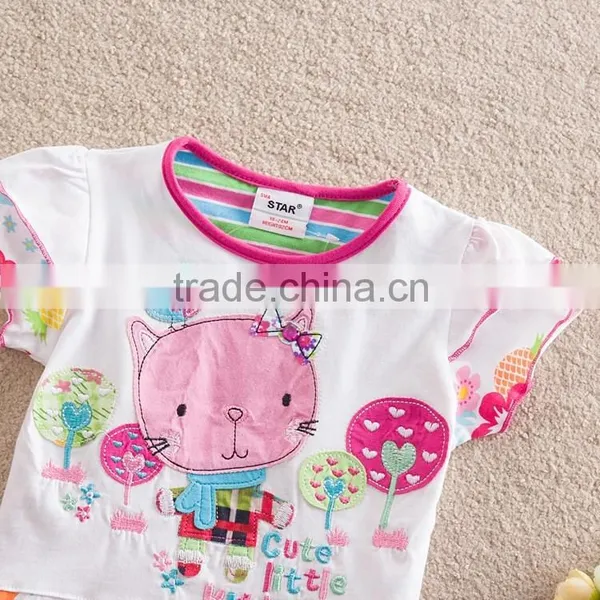 2-6T (S63145#White)Start Kids Clothing Wholesale Summer Baby Wear Kitty Cat Appliqued t Shirt photo-3