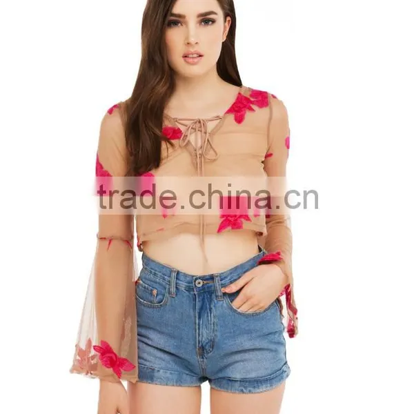 Elegant Women Floral Printed Sheer Long Sleeve Sexy Blouse photo-2